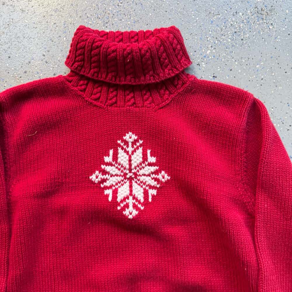 Lauren Ralph Lauren Hand Knit Cotton Berry Red Snowflake Turtleneck Sweater - Picture 3 of 7